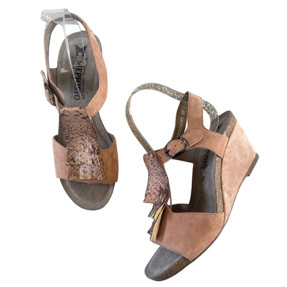 Mephisto Jenny Snake Embossed Wedge Ankle Strap Sandal Old Pink US 7 EU‎ 37 EUC